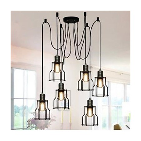 Lampadario industriale rustico nero in metallo a 6 luci, catena regolabile 200 cm