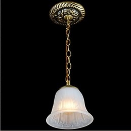 Lampada a sospensione classica retrò in bronzo con paralume in vetro bianco