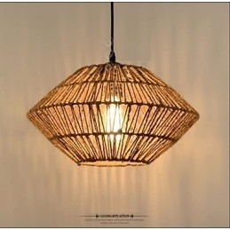 Lampada a sospensione vintage in corda e legno/bambù, 1 luce, regolabile 100 cm