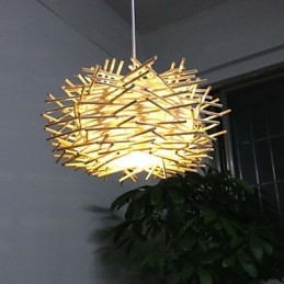 Lampada a sospensione contemporanea compatta 1 luce in legno intrecciato a mano