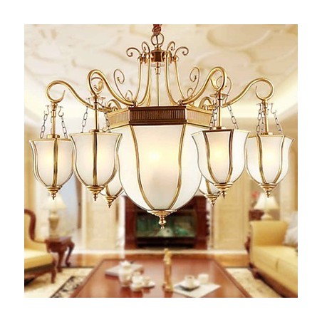 Lampadario rustico classico in metallo finitura ottone, 9 luci E26/E27, 78 cm