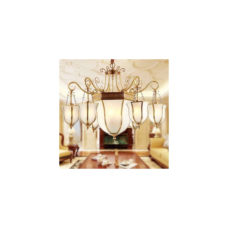 Lampadario rustico classico in metallo finitura ottone, 9 luci E26/E27, 78 cm