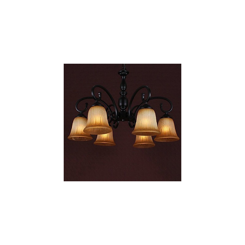 Lampadario classico dipinto a candela 1 livello nero con paralume in vetro giallo