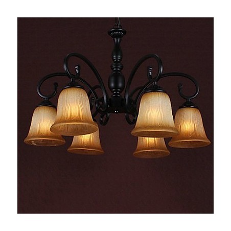 Lampadario classico dipinto a candela 1 livello nero con paralume in vetro giallo