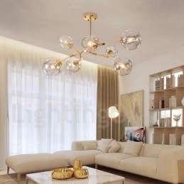 Lampadario contemporaneo a 7 luci con paralumi in vetro trasparente 120 x 42 cm