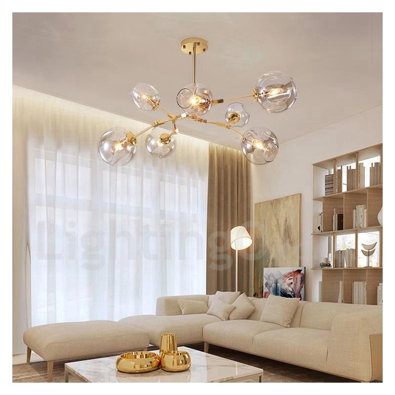 Lampadario contemporaneo a 7 luci con paralumi in vetro trasparente 120 x 42 cm