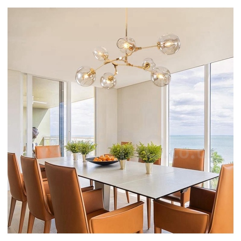 Lampadario contemporaneo a 7 luci con paralumi in vetro trasparente 120 x 42 cm