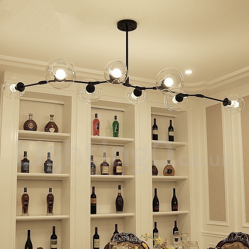 Lampadario contemporaneo a 8 luci con paralume in vetro trasparente, nero dorato, 120 x 42 cm