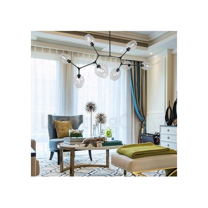 Lampadario contemporaneo a 8 luci con paralume in vetro trasparente, nero dorato, 120 x 42 cm