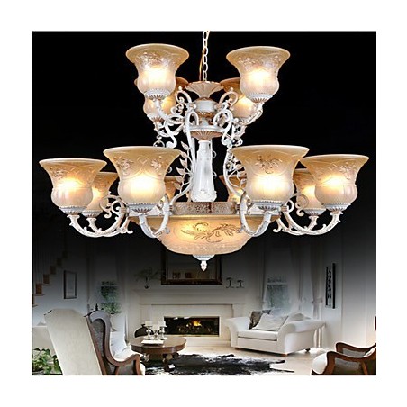 Lampadario classico bianco a 15 luci con paralumi in vetro e decorazioni dorate in cristallo