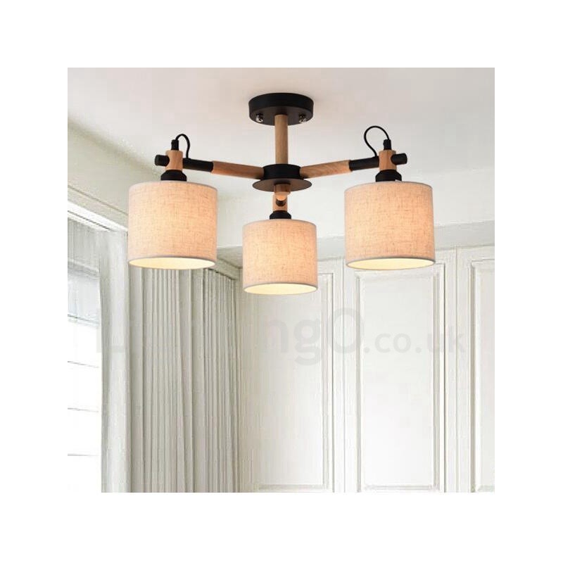 Lampadario contemporaneo a 3 luci in legno con paralume in tessuto a tamburo 54 x 37 cm