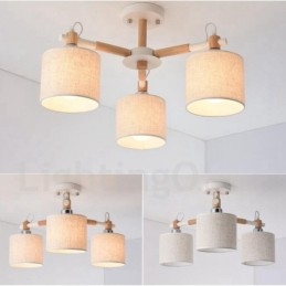 Lampadario contemporaneo a 3 luci in legno con paralume in tessuto a tamburo 54 x 37 cm