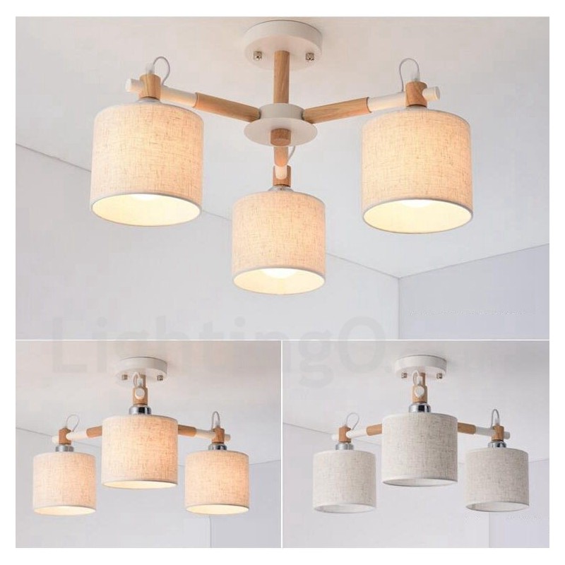 Lampadario contemporaneo a 3 luci in legno con paralume in tessuto a tamburo 54 x 37 cm