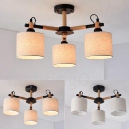 Lampadario contemporaneo a 3 luci in legno con paralume in tessuto a tamburo 54 x 37 cm