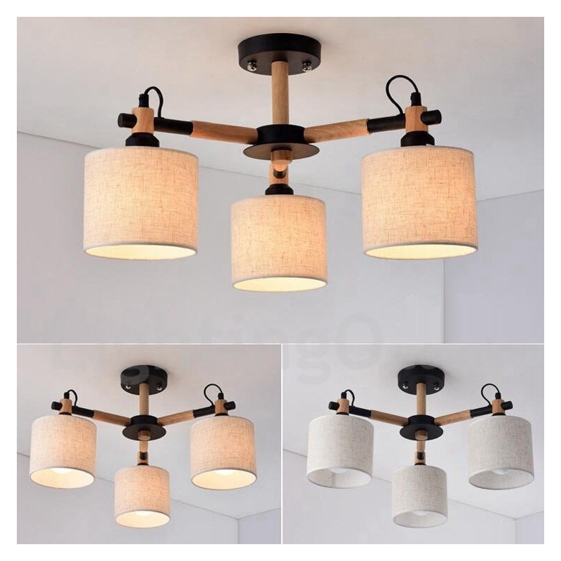 Lampadario contemporaneo a 3 luci in legno con paralume in tessuto a tamburo 54 x 37 cm