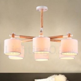 Lampadario moderno contemporaneo a 6 luci in legno con paralume a tamburo in tessuto bianco e nero