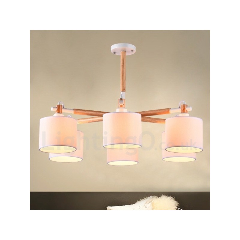 Lampadario moderno contemporaneo a 6 luci in legno con paralume a tamburo in tessuto bianco e nero