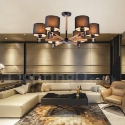 Lampadario moderno contemporaneo a 6 luci in legno con paralume a tamburo in tessuto bianco e nero