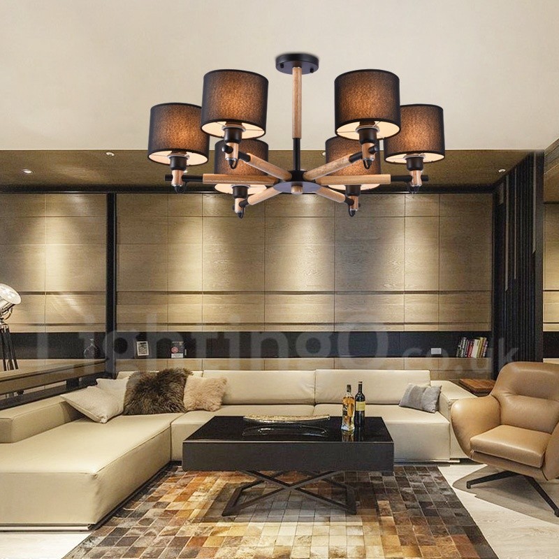 Lampadario moderno contemporaneo a 6 luci in legno con paralume a tamburo in tessuto bianco e nero