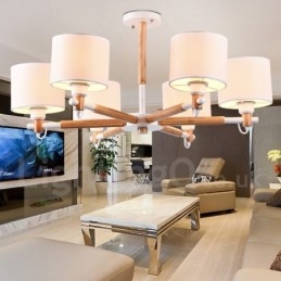 Lampadario moderno contemporaneo a 6 luci in legno con paralume a tamburo in tessuto bianco e nero