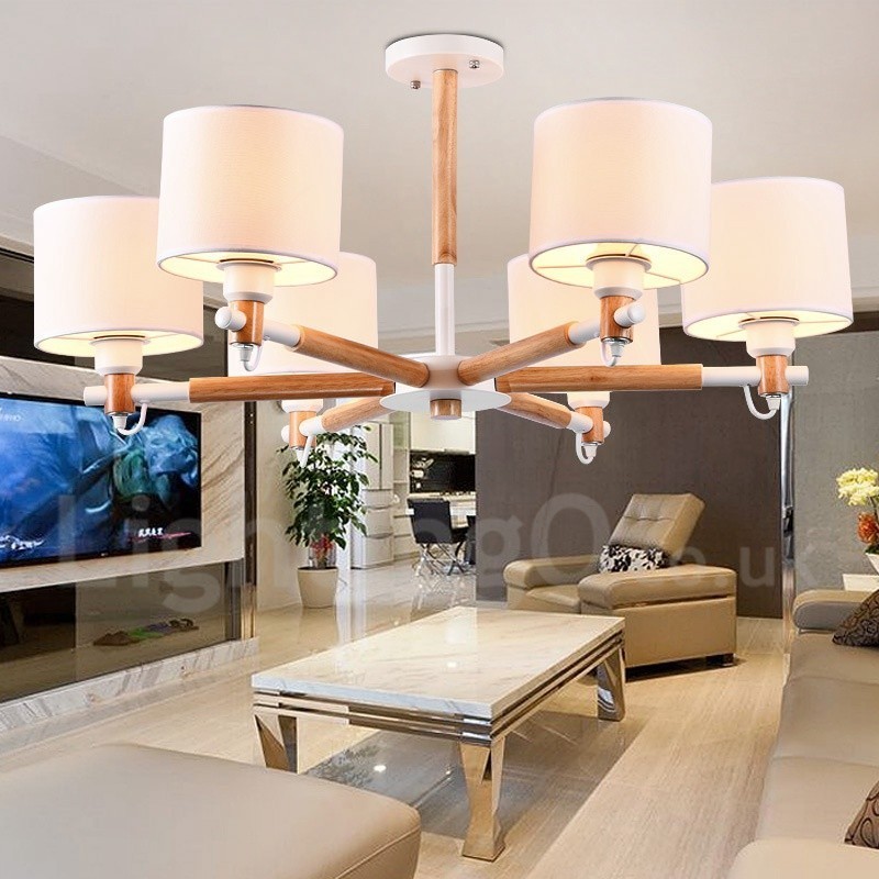 Lampadario moderno contemporaneo a 6 luci in legno con paralume a tamburo in tessuto bianco e nero