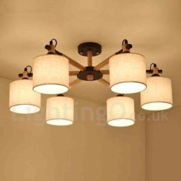 Lampadario moderno contemporaneo a 6 luci in legno con paralume a tamburo in tessuto bianco e nero