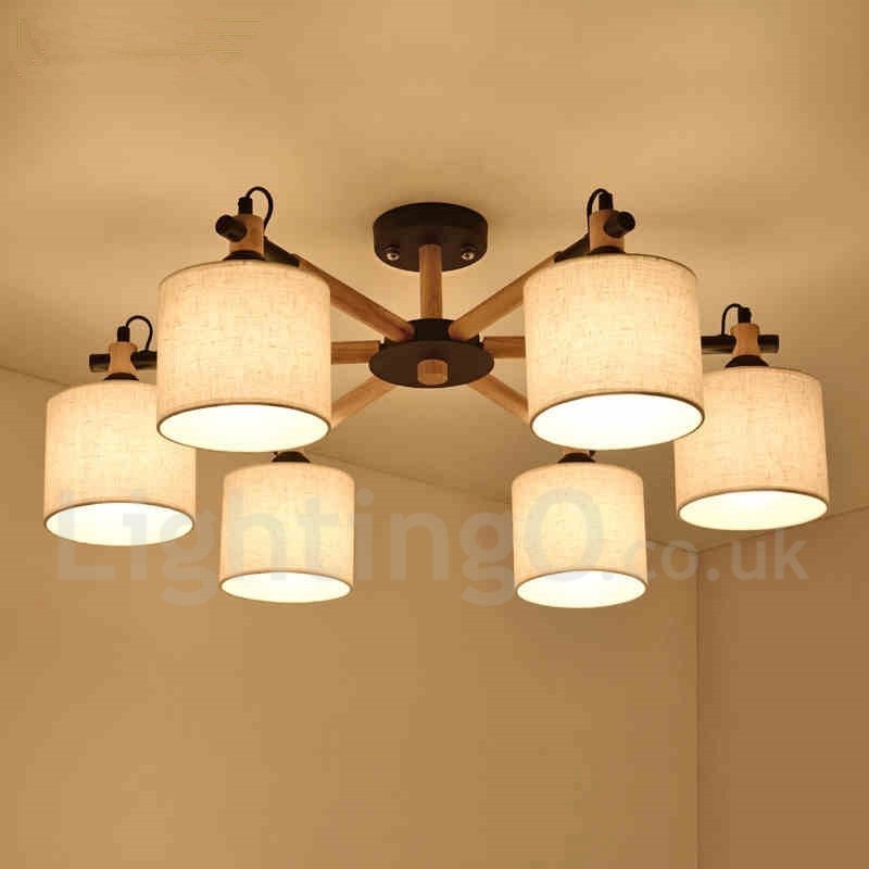 Lampadario moderno contemporaneo a 6 luci in legno con paralume a tamburo in tessuto bianco e nero