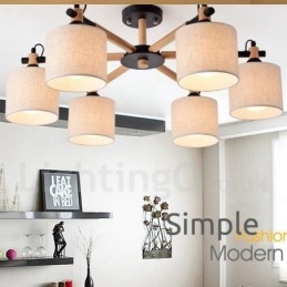 Lampadario moderno contemporaneo a 6 luci in legno con paralume a tamburo in tessuto bianco e nero