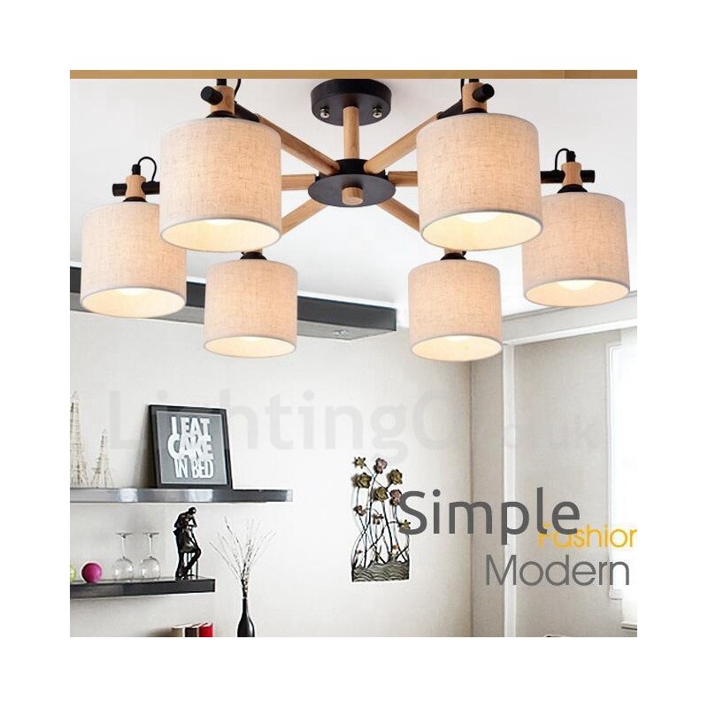 Lampadario moderno contemporaneo a 6 luci in legno con paralume a tamburo in tessuto bianco e nero