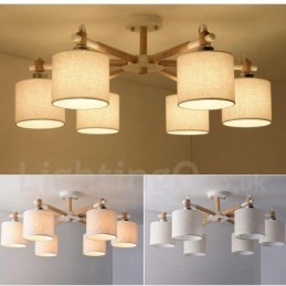 Lampadario moderno contemporaneo a 6 luci in legno con paralume a tamburo in tessuto bianco e nero