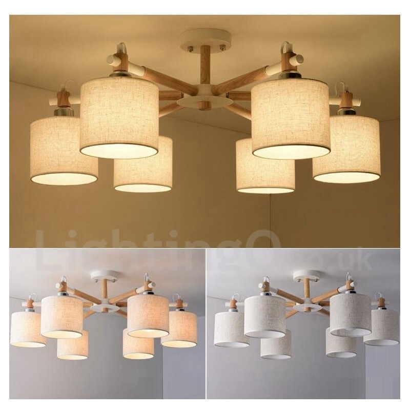 Lampadario moderno contemporaneo a 6 luci in legno con paralume a tamburo in tessuto bianco e nero