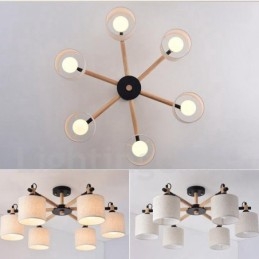 Lampadario moderno contemporaneo a 6 luci in legno con paralume a tamburo in tessuto bianco e nero
