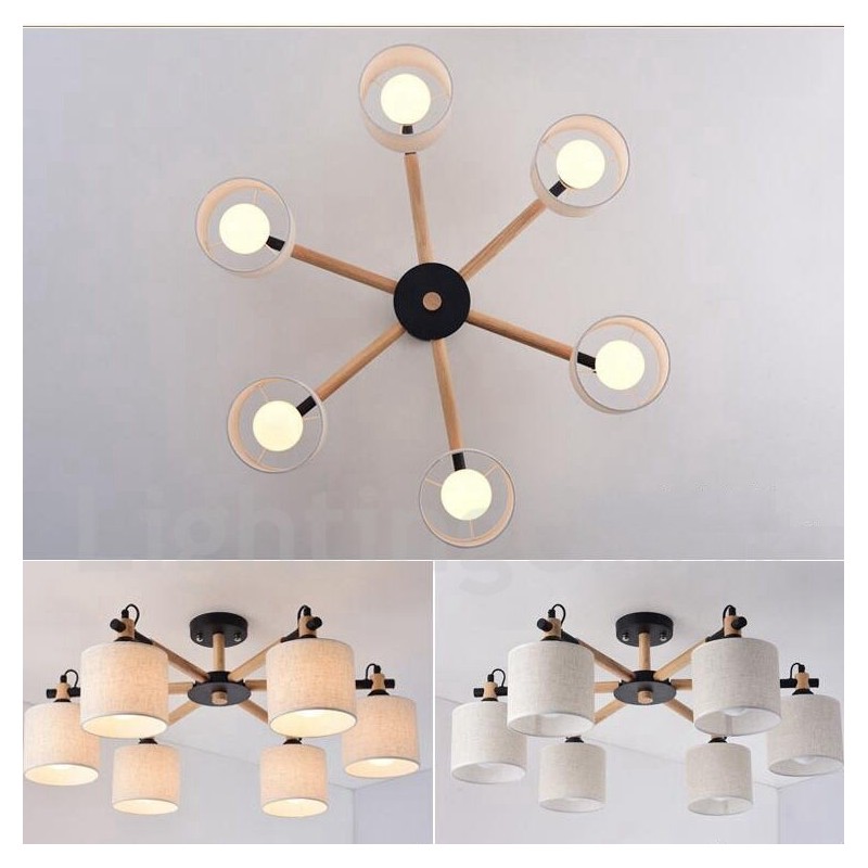 Lampadario moderno contemporaneo a 6 luci in legno con paralume a tamburo in tessuto bianco e nero