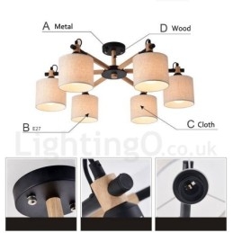 Lampadario moderno contemporaneo a 6 luci in legno con paralume a tamburo in tessuto bianco e nero