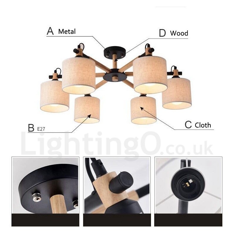 Lampadario moderno contemporaneo a 6 luci in legno con paralume a tamburo in tessuto bianco e nero