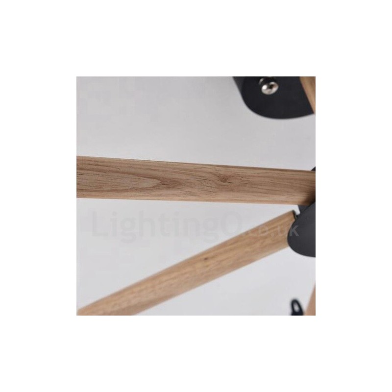 Lampadario moderno contemporaneo a 6 luci in legno con paralume a tamburo in tessuto bianco e nero