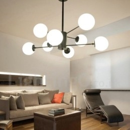 Lampadario moderno contemporaneo a 2 livelli 8 luci nero con paralume in vetro