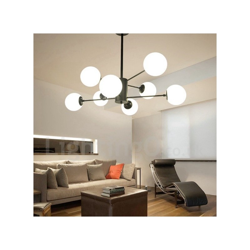 Lampadario moderno contemporaneo a 2 livelli 8 luci nero con paralume in vetro