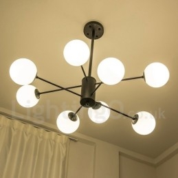 Lampadario moderno contemporaneo a 2 livelli 8 luci nero con paralume in vetro