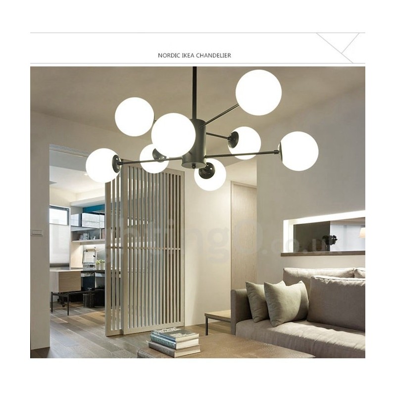 Lampadario moderno contemporaneo a 2 livelli 8 luci nero con paralume in vetro