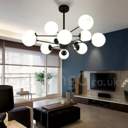 Lampadario moderno contemporaneo in metallo nero a 12 luci, 2 livelli, paralume in vetro