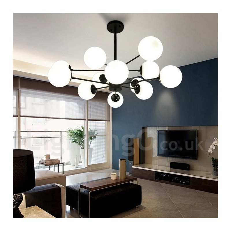 Lampadario moderno contemporaneo in metallo nero a 12 luci, 2 livelli, paralume in vetro