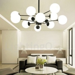Lampadario moderno contemporaneo in metallo nero a 12 luci, 2 livelli, paralume in vetro