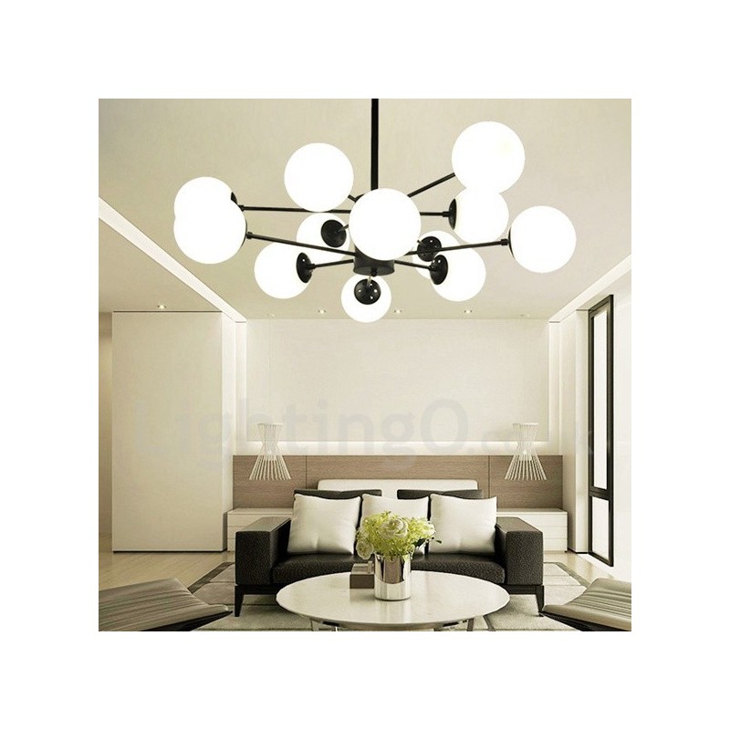 Lampadario moderno contemporaneo in metallo nero a 12 luci, 2 livelli, paralume in vetro