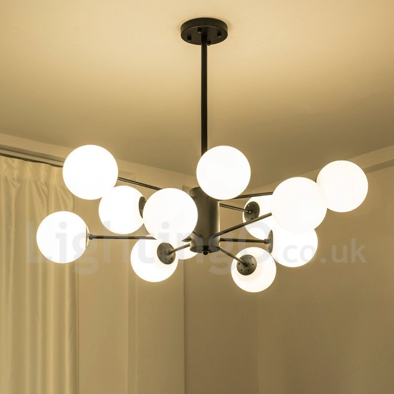 Lampadario moderno contemporaneo in metallo nero a 12 luci, 2 livelli, paralume in vetro