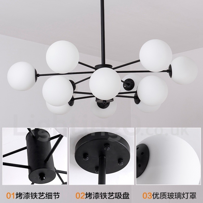 Lampadario moderno contemporaneo in metallo nero a 12 luci, 2 livelli, paralume in vetro