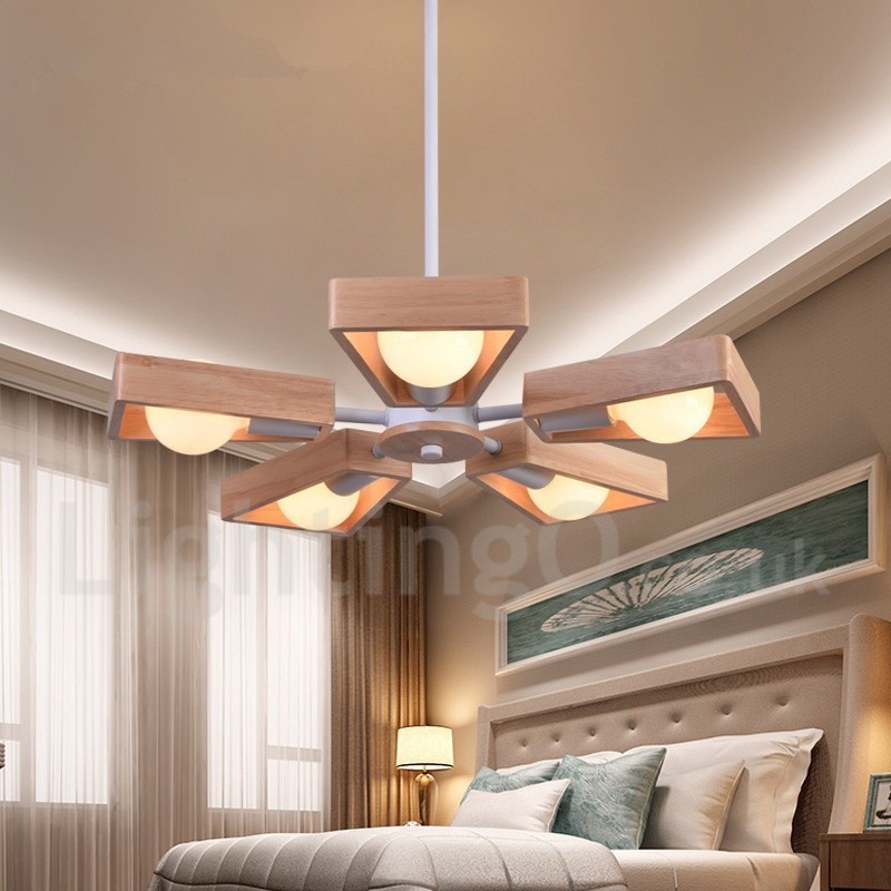 Lampadario moderno contemporaneo in legno 5 luci 53x50 cm