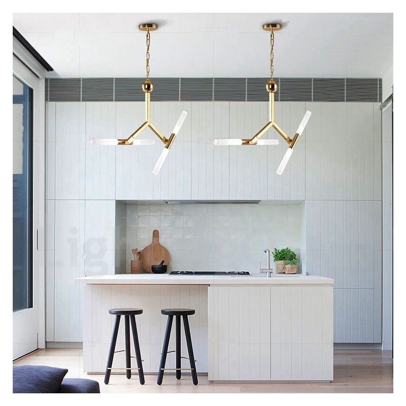 Lampadario moderno contemporaneo dorato a 2 livelli e 4 luci