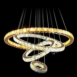 Lampadario a sospensione moderno in cristallo ambra e trasparente a 4 anelli, LED integrato