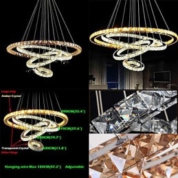 Lampadario a sospensione moderno in cristallo ambra e trasparente a 4 anelli, LED integrato